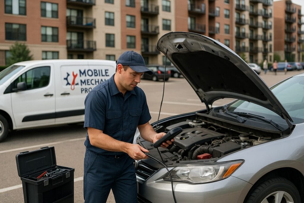 A mobile mechanic working on a car parked in a Minneapolis apartment complex parking lot. The technician is in uniform, using tools with a diagnostic scanner connected to the vehicle. The background shows mid-rise apartment buildings and signs of everyday city life. Emphasize convenience and professionalism—no tow truck, no shop—just expert service delivered where the car is. Atmosphere is calm, efficient, and modern.