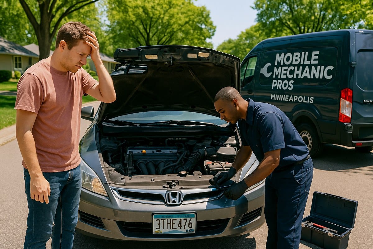 A stressed-out driver standing beside their car with the hood open on a sunny suburban street in Minneapolis. It's clear they’ve just returned from a road trip—there’s a roof rack with empty luggage. A mobile mechanic van is parked nearby, and a technician is inspecting the engine. Include visual cues like a Minnesota license plate, early summer trees, and a quiet neighborhood setting. Mood is mildly stressful but hopeful.