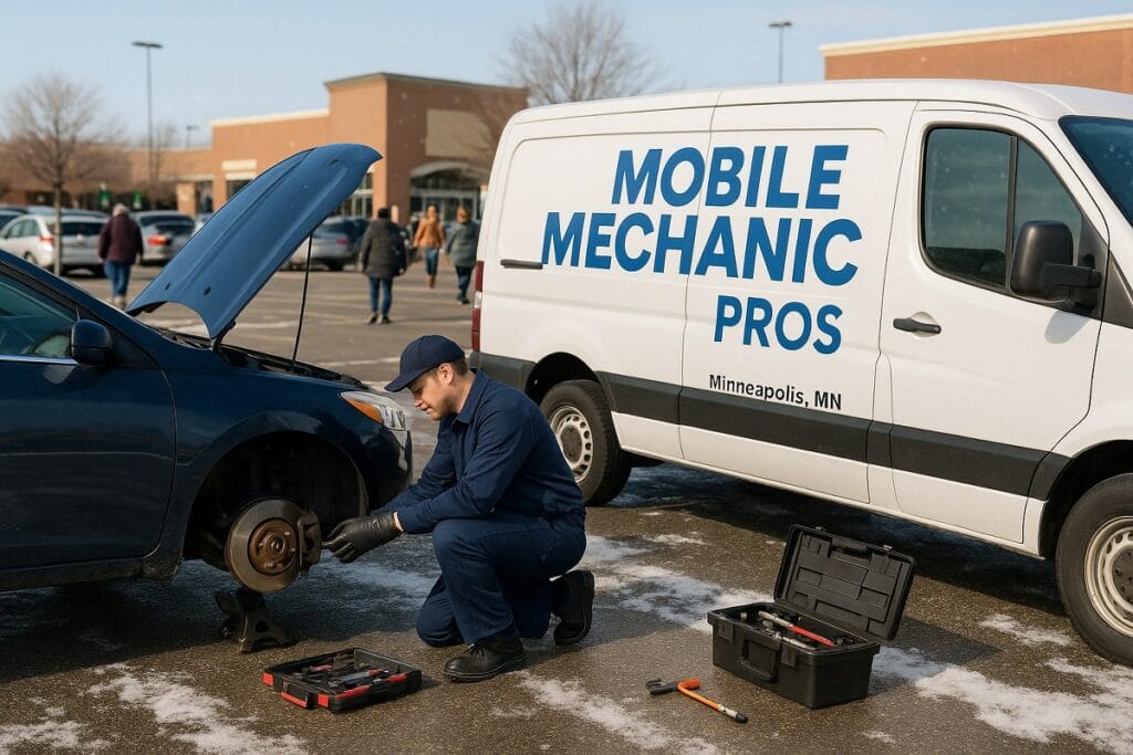 A mobile mechanic van parked in a grocery store parking lot in Minneapolis. The technician is servicing the brakes of a car on-site, using portable tools. Customers walk by in the background, and the car's hood is up. The van is branded with a professional logo for Mobile Mechanic Pros