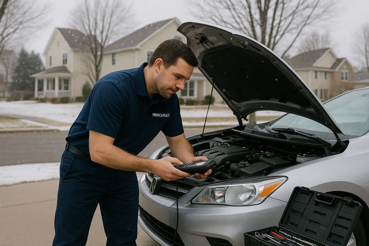 A mobile mechanic van parked in a grocery store parking lot in Minneapolis. The technician is servicing the brakes of a car on-site, using portable tools. Customers walk by in the background, and the car's hood is up