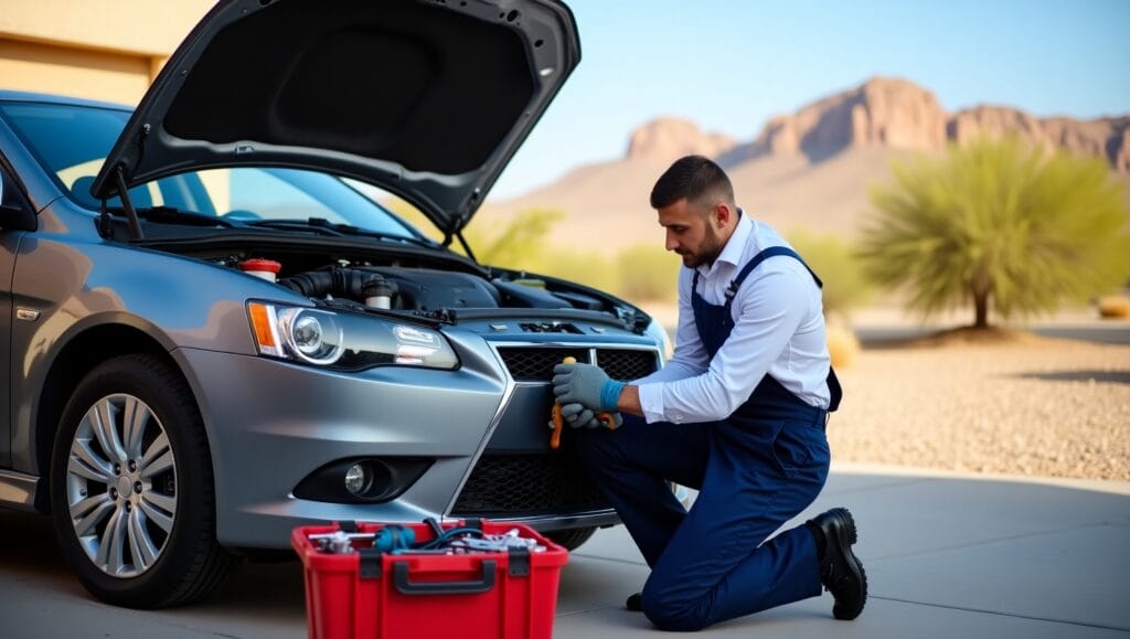 The atmosphere should be calm, professional, and focused on fast, convenient car repair services. Snow may be lightly visible in the background, emphasizing the city's cold weather conditions.