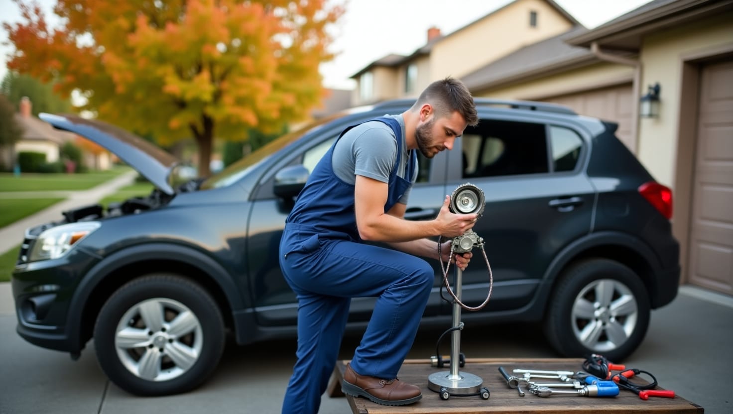 A professional mobile mechanic working on a car transmission in a residential driveway in Minneapolis. The background shows suburban homes and early autumn trees.
