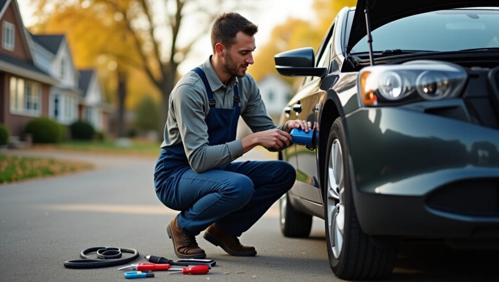 The mechanic is wearing a clean uniform with tools laid out neatly nearby.