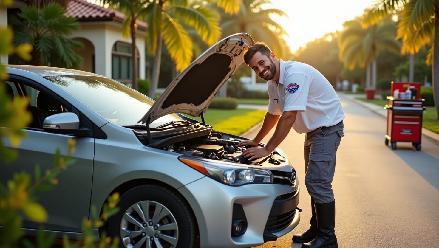 A professional mobile mechanic working on a car in a residential Milwaukee neighborhood. The mechanic is diagnosing the car’s engine using advanced OBD-II diagnostic tools while the car's hood is open. The setting includes typical Milwaukee urban architecture with some street trees, and the mechanic is dressed in a branded uniform.