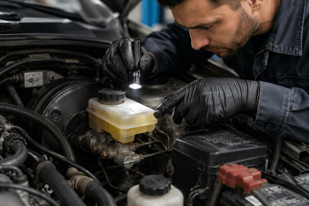 Mechanic inspecting car's fluid reservoir
